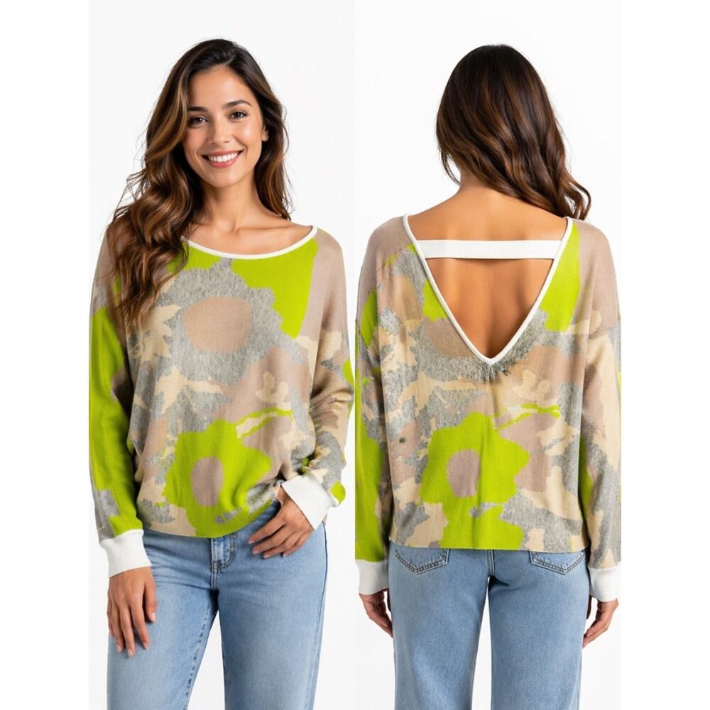 Anthropologie Daily Practice Off-the-Shoulder Floral-Print Sweater Lime & Beige